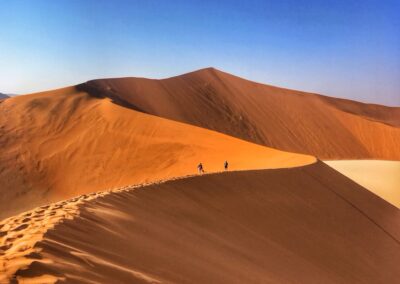Wandelaars op een hoge rode zandduin in de Namibwoestijn bij Sossusvlei, een van de bekendste hoogtepunten van een groepsreis door Namibië.